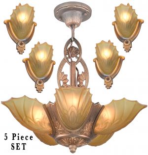 Outstanding 5 PIECE SET of  Slip Shade Wall Sconces with Matching Chandelier by Globe Fixture Mfg. c.1935 (ANT-1412)